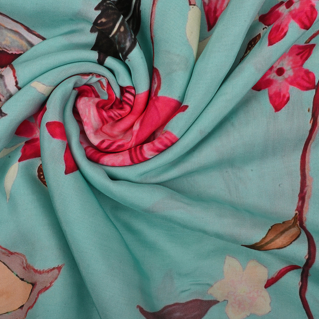 Pale Sky Blue Satin Fabric With Floral Print