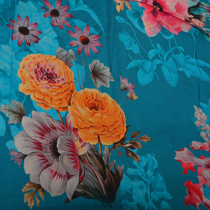 Munsell Blue Satin Fabric With Floral Print