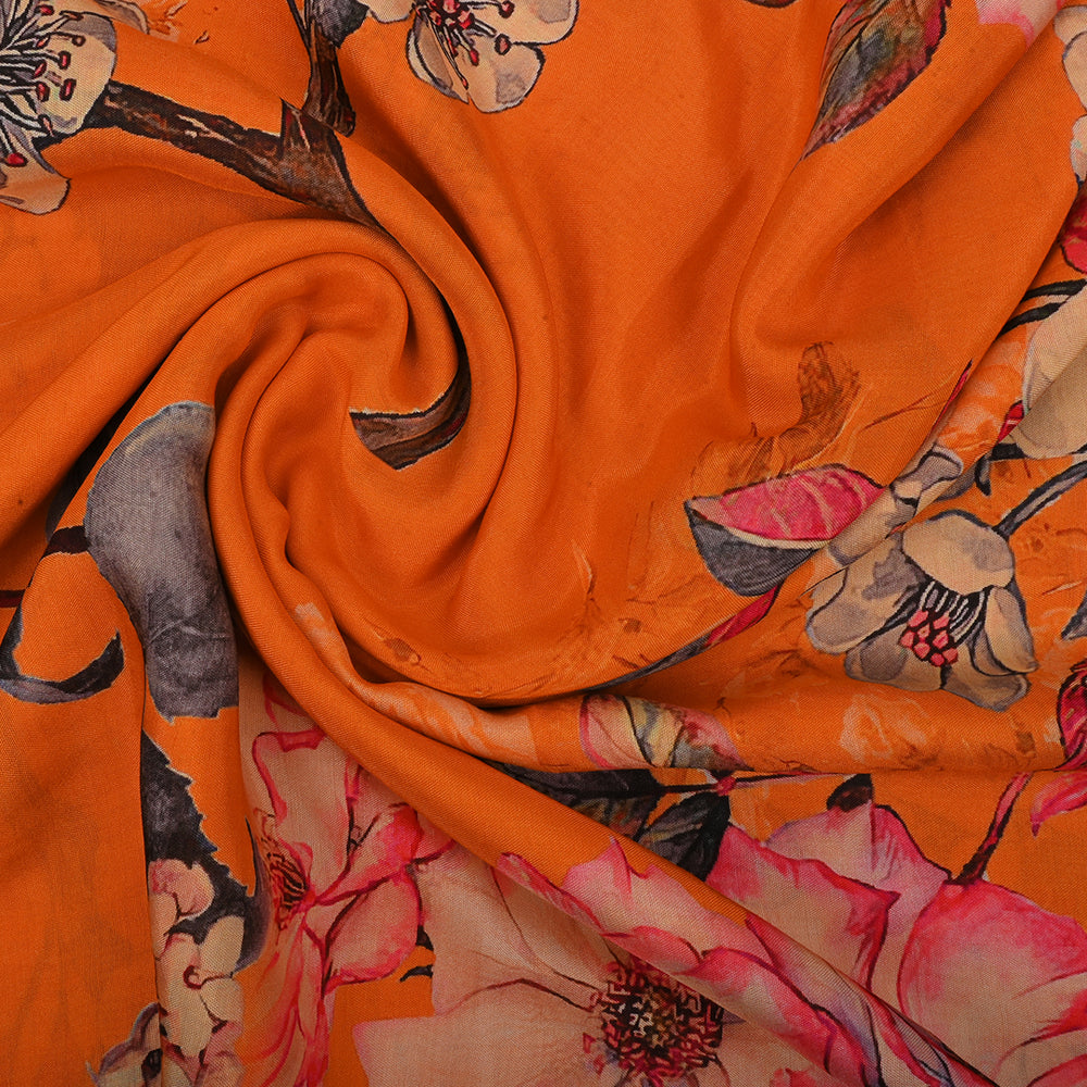 Golden Orange Satin Fabric With Floral Print