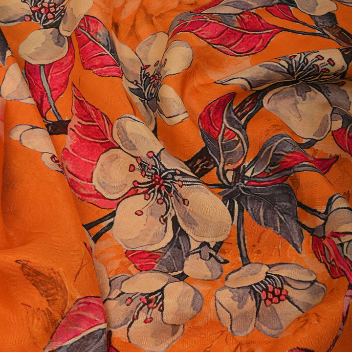 Golden Orange Satin Fabric With Floral Print