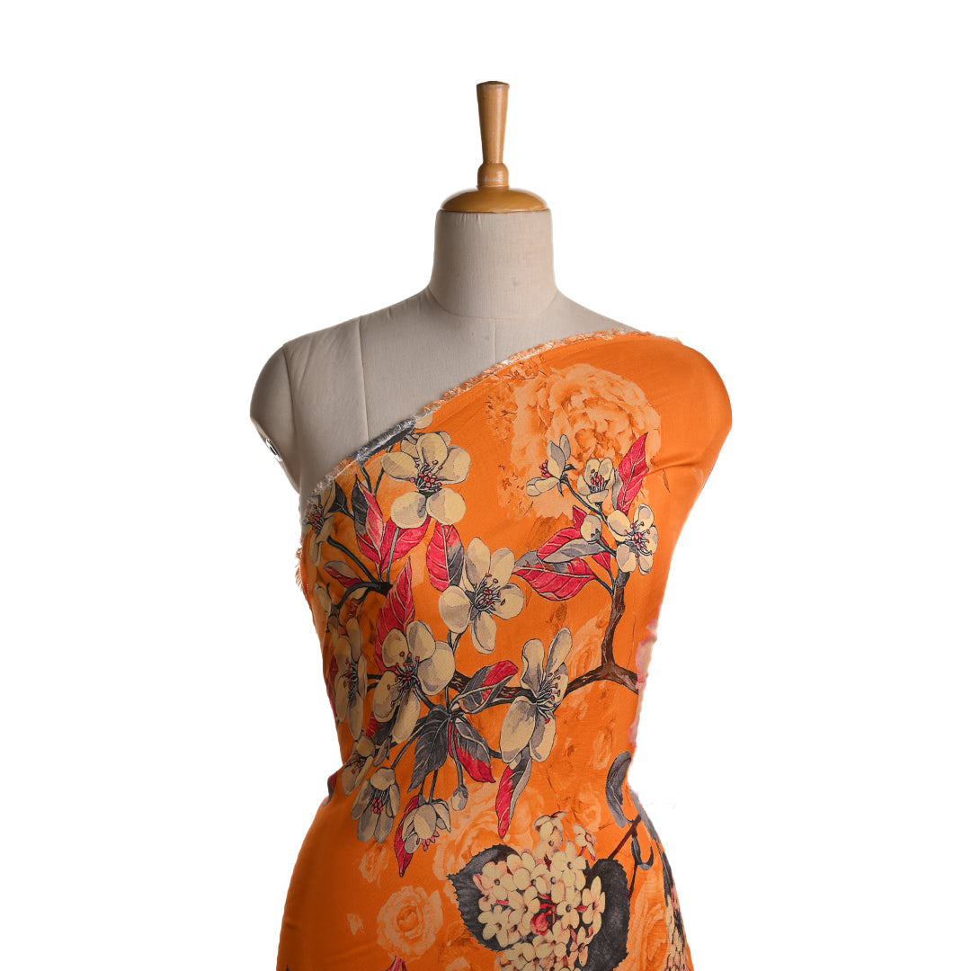 Golden Orange Satin Fabric With Floral Print