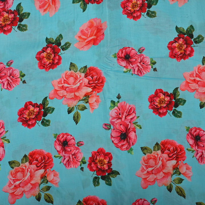 Aquamarine Blue Satin Fabric With Floral Print