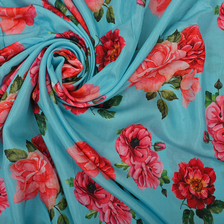 Aquamarine Blue Satin Fabric With Floral Print