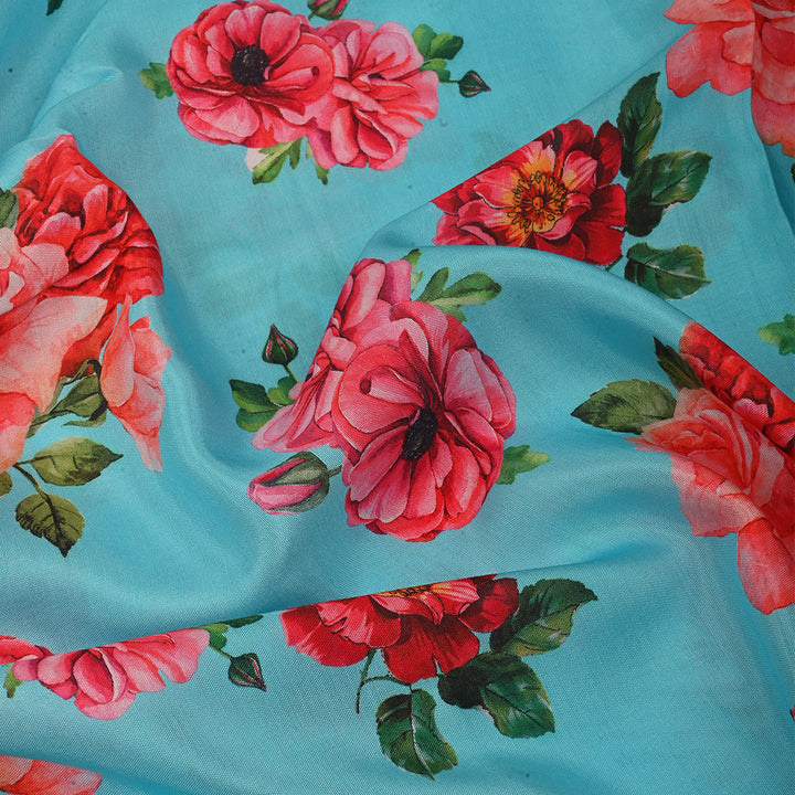 Aquamarine Blue Satin Fabric With Floral Print