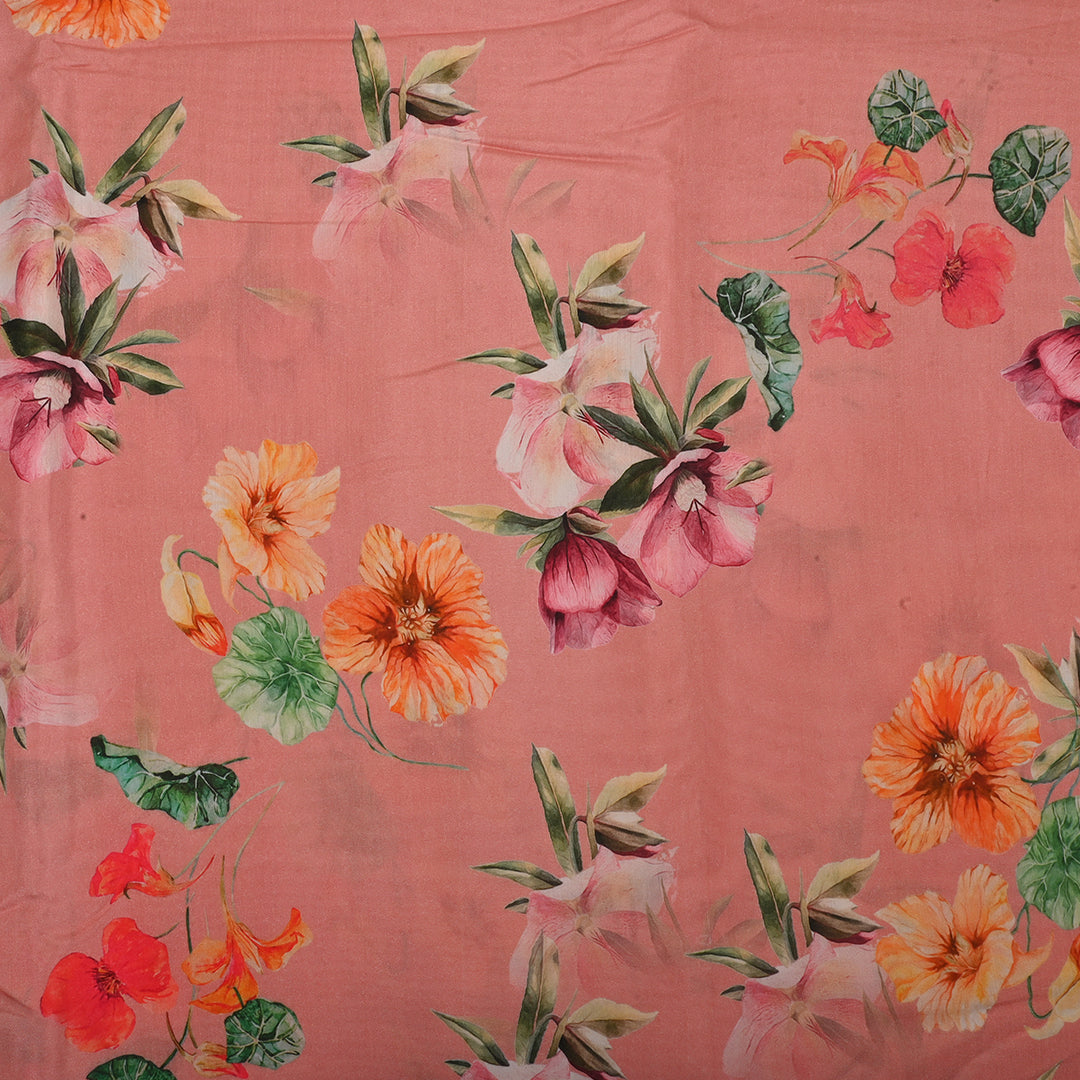 Peach Pink Satin Fabric With Floral Print