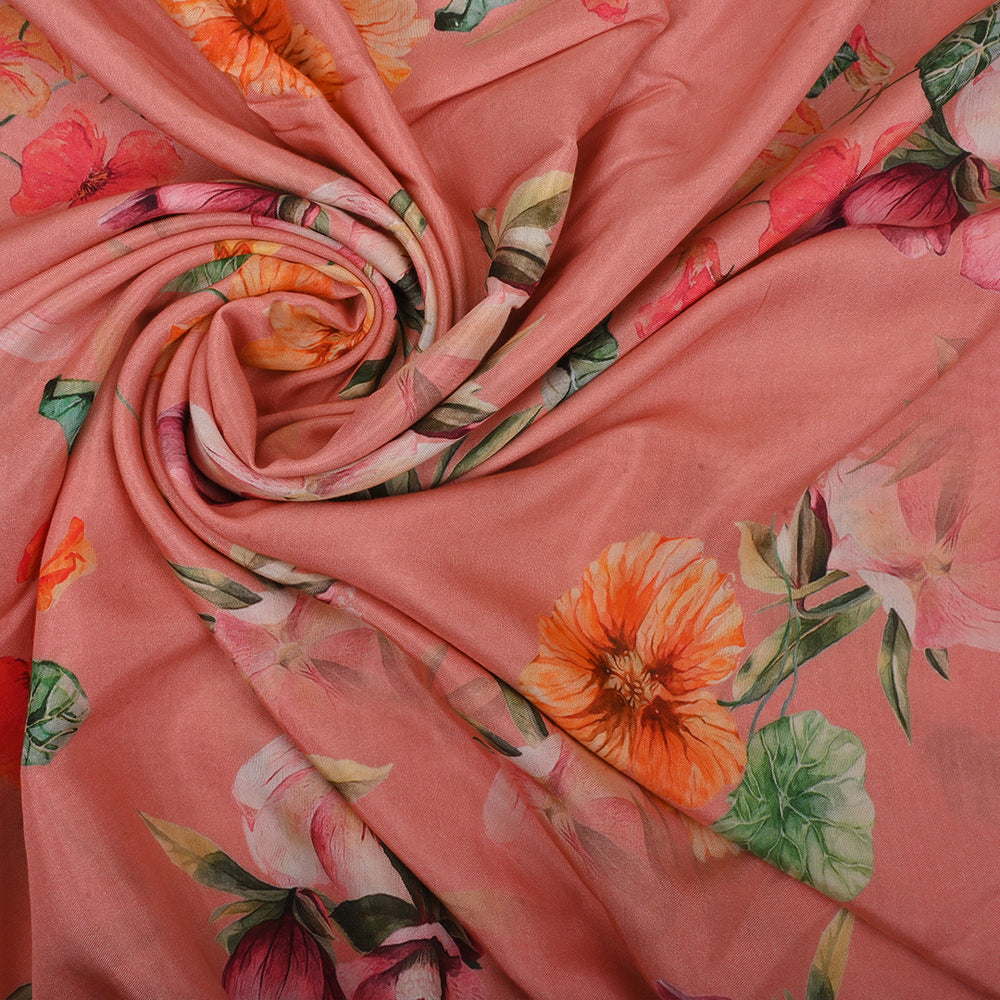 Peach Pink Satin Fabric With Floral Print