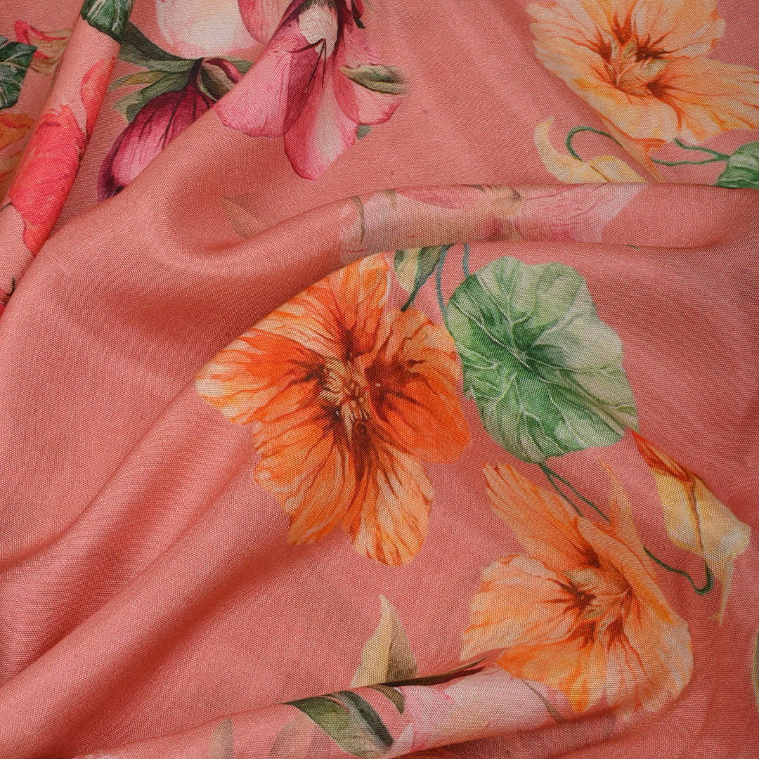 Peach Pink Satin Fabric With Floral Print