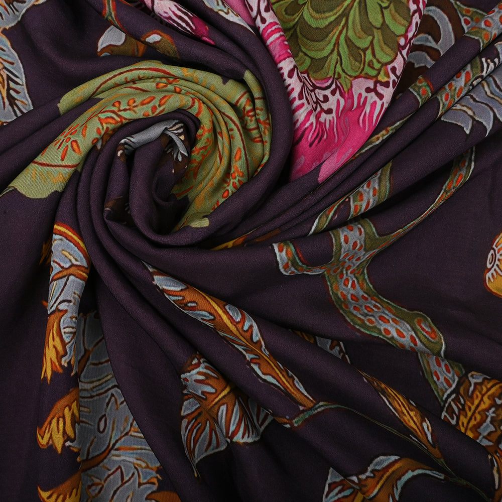 Dark Purple Satin Fabric With Floral Print