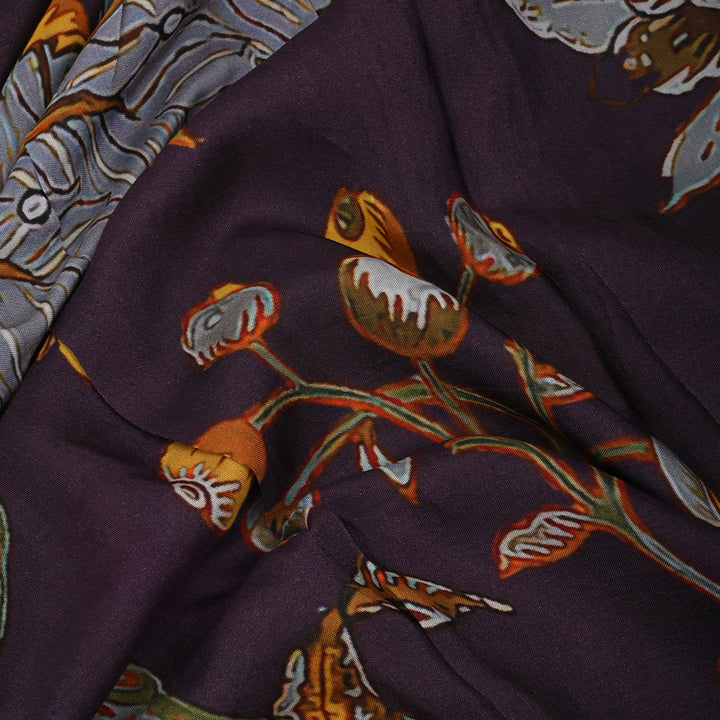 Dark Purple Satin Fabric With Floral Print