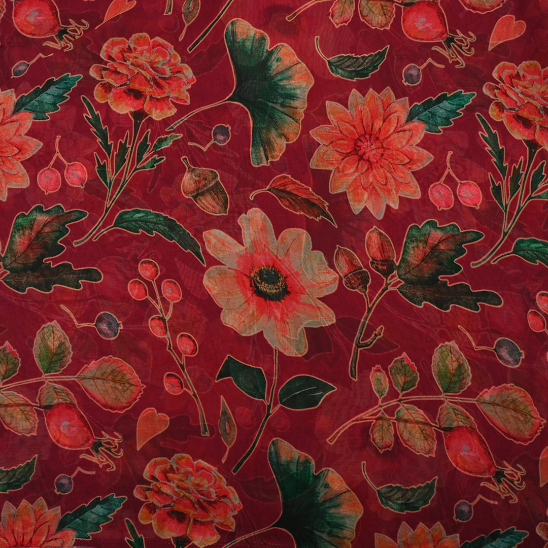 Japanese Carmine Red Georgette Fabric With Floral Print