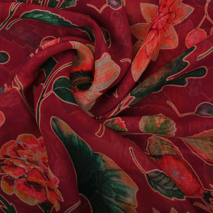 Japanese Carmine Red Georgette Fabric With Floral Print