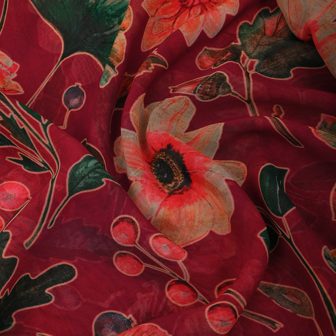 Japanese Carmine Red Georgette Fabric With Floral Print