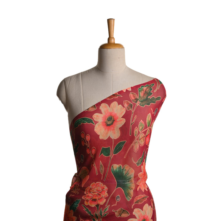 Japanese Carmine Red Georgette Fabric With Floral Print