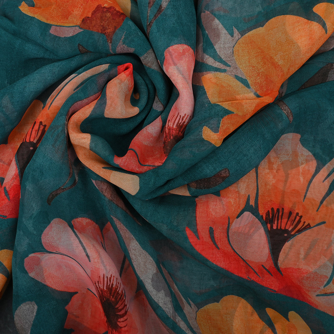 Peacock Blue Georgette Fabric With Floral Print