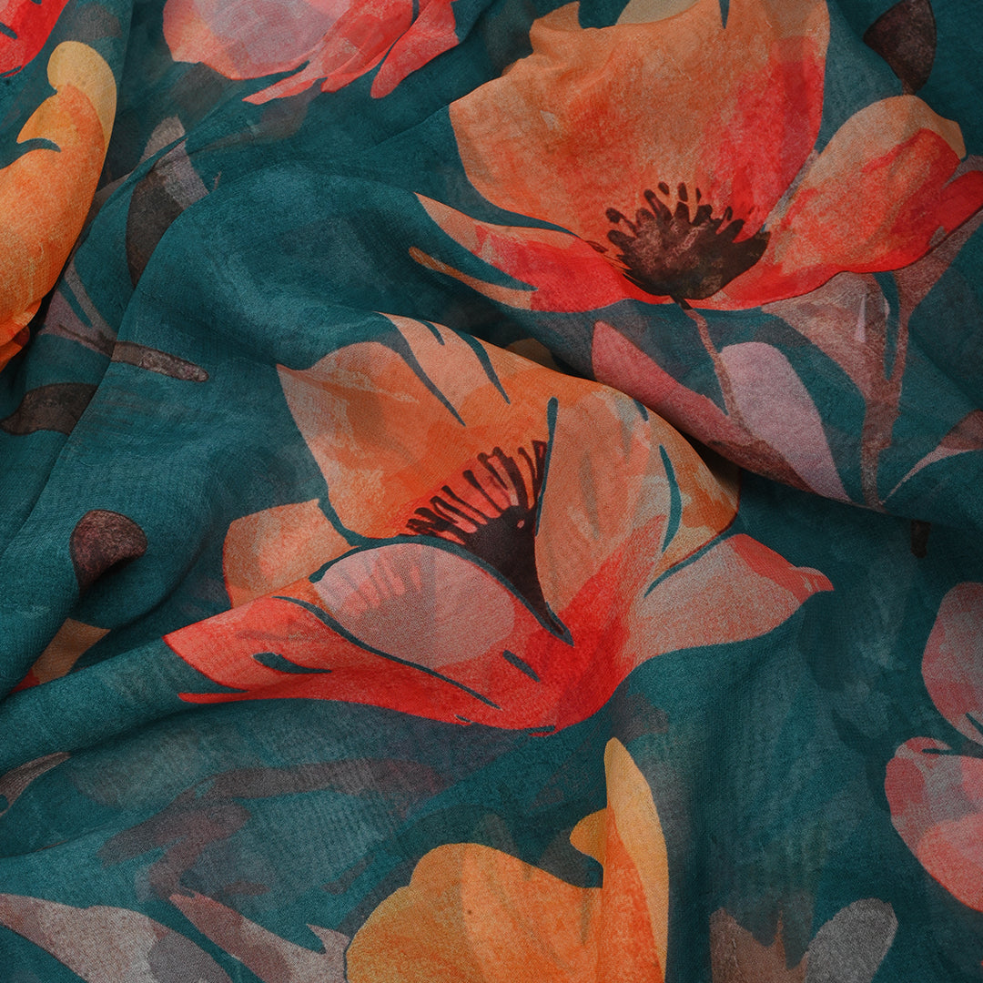 Peacock Blue Georgette Fabric With Floral Print