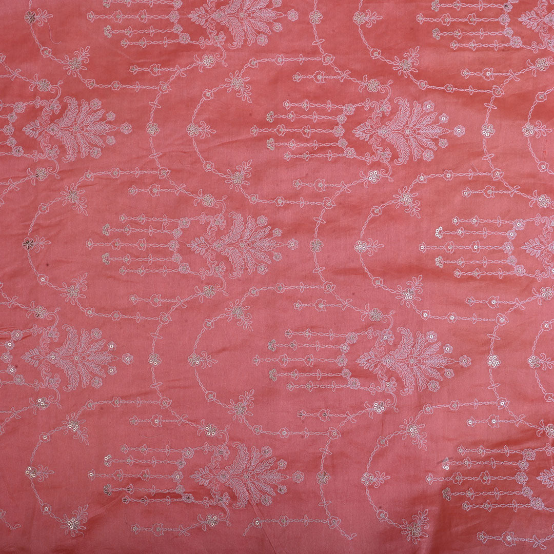 Light Salmon Orange Embroidery Chanderi Fabric