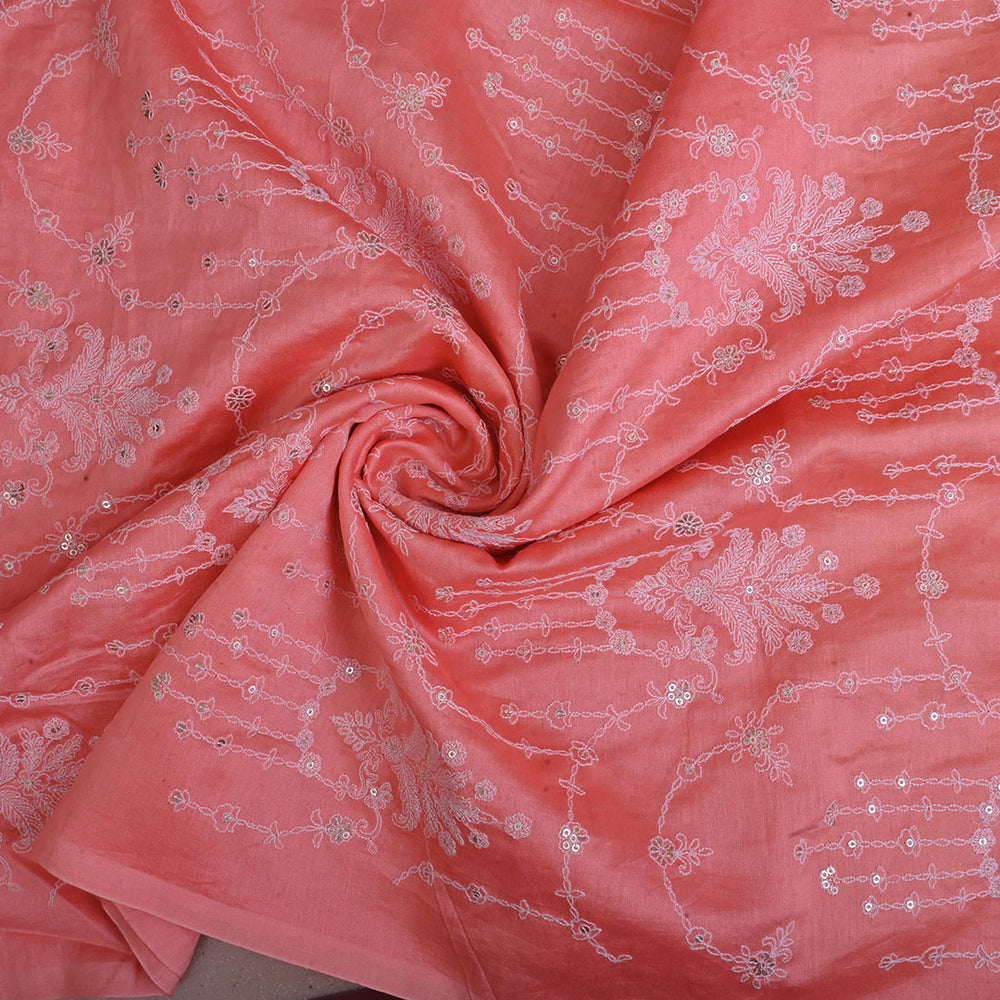 Light Salmon Orange Embroidery Chanderi Fabric