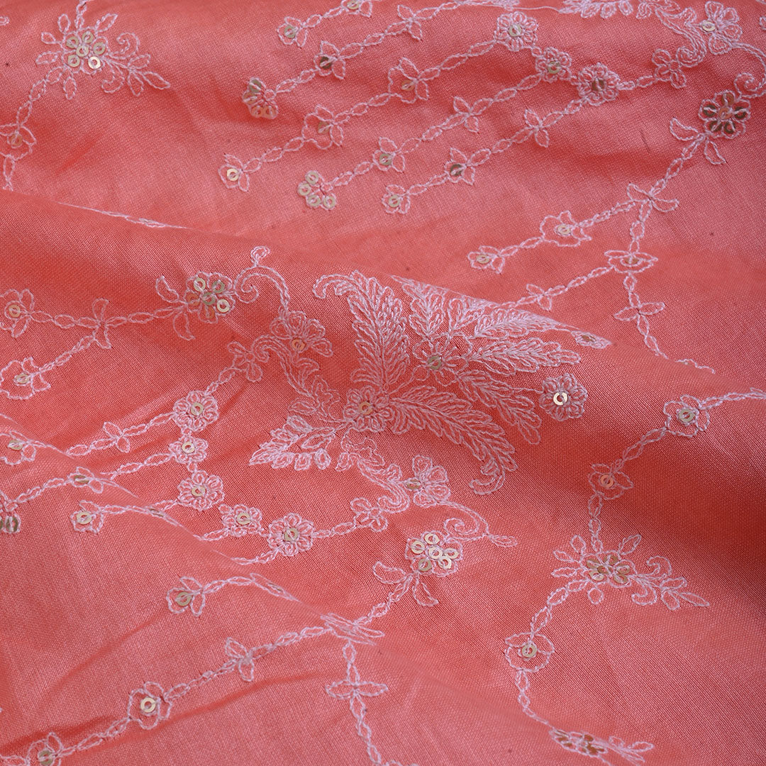 Light Salmon Orange Embroidery Chanderi Fabric