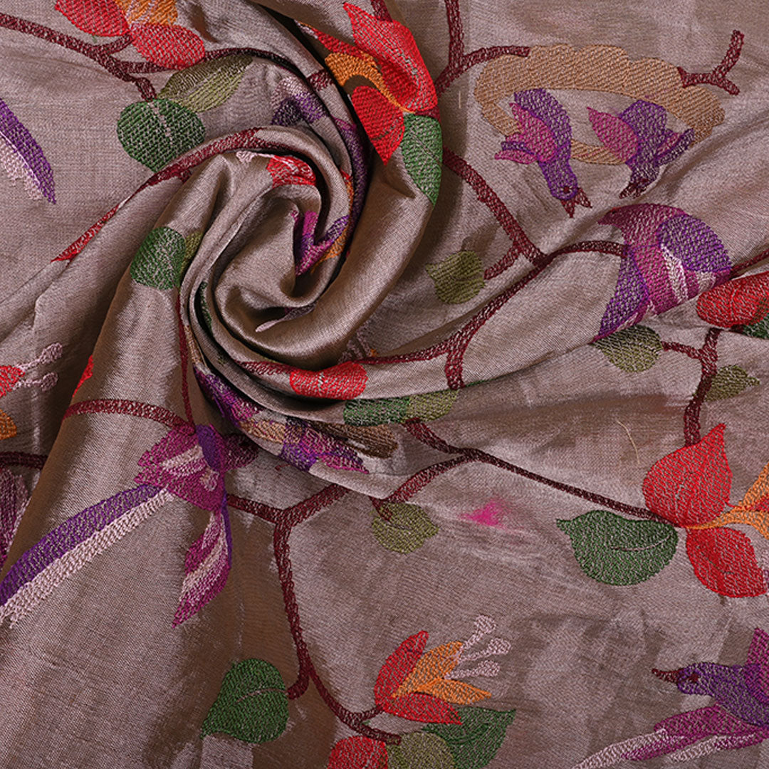 Stone Gray Kanchi Tissue Fabric With Floral Paithani Embroidery