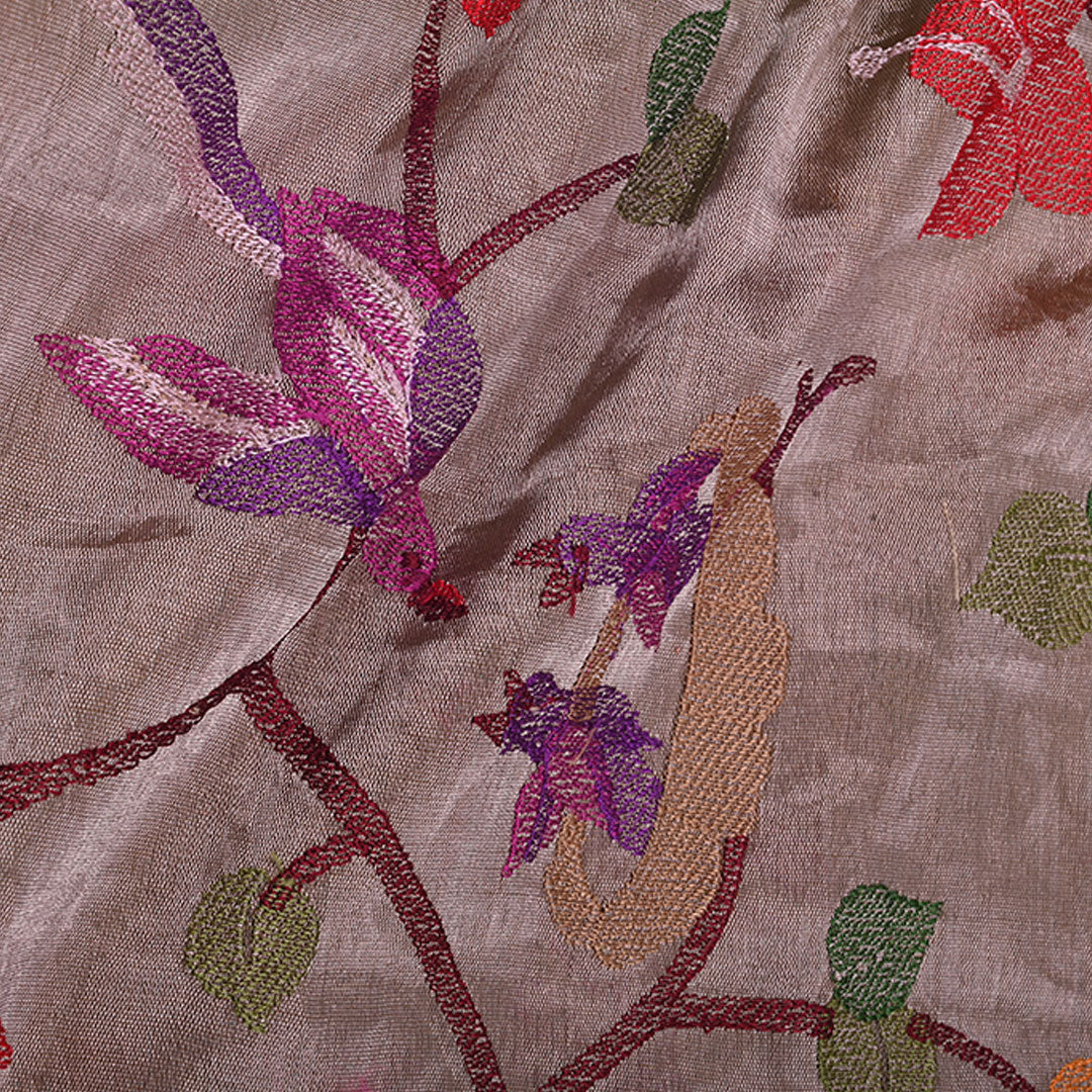 Stone Gray Kanchi Tissue Fabric With Floral Paithani Embroidery