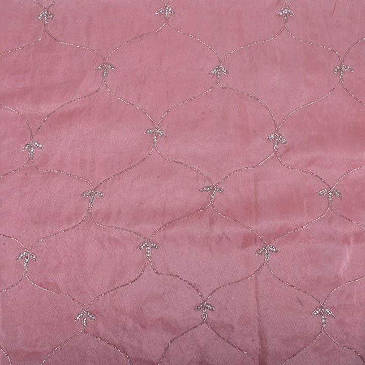 Mauvelous Pink Embroidery Tissue Silk Fabric With Floral Grid Pattern