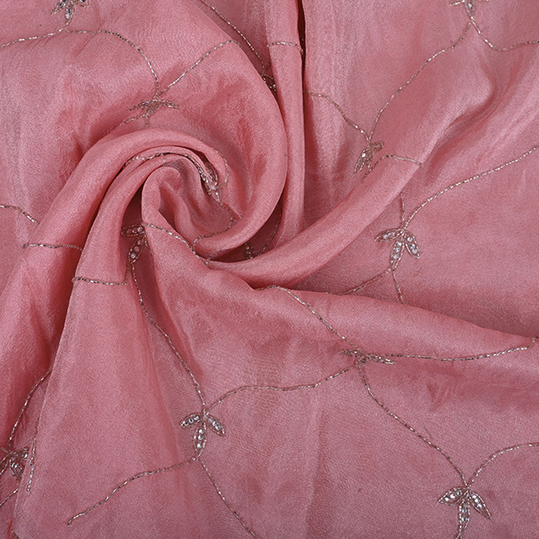 Mauvelous Pink Embroidery Tissue Silk Fabric With Floral Grid Pattern