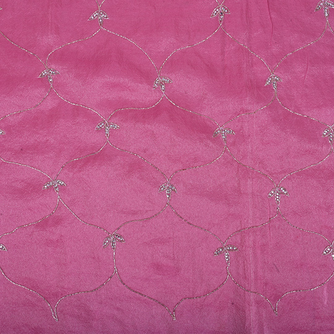 Rose Pink Embroidery Tissue Silk Fabric With Floral Grid Pattern