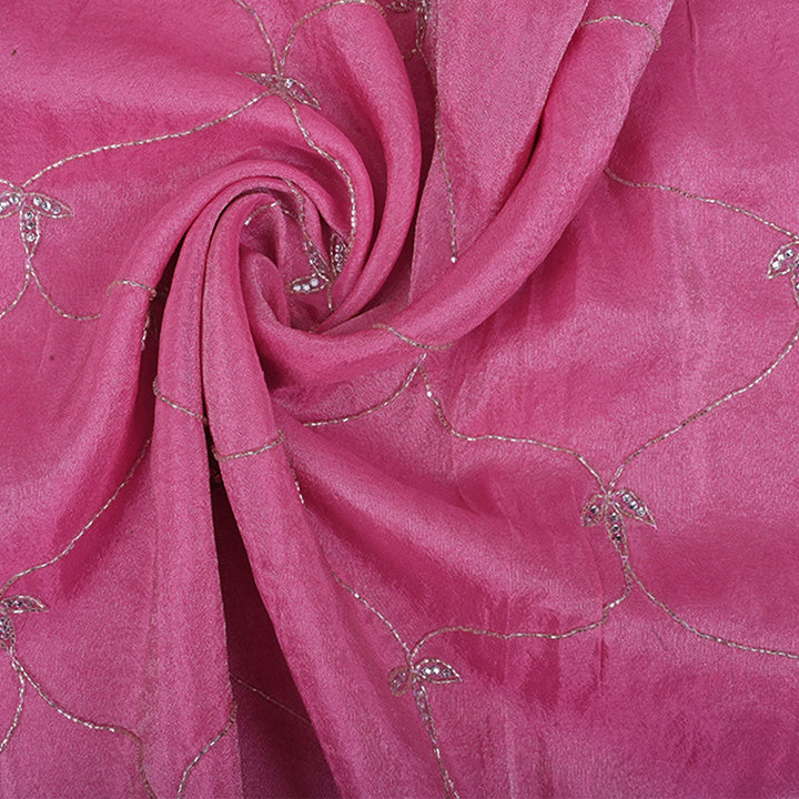 Rose Pink Embroidery Tissue Silk Fabric With Floral Grid Pattern