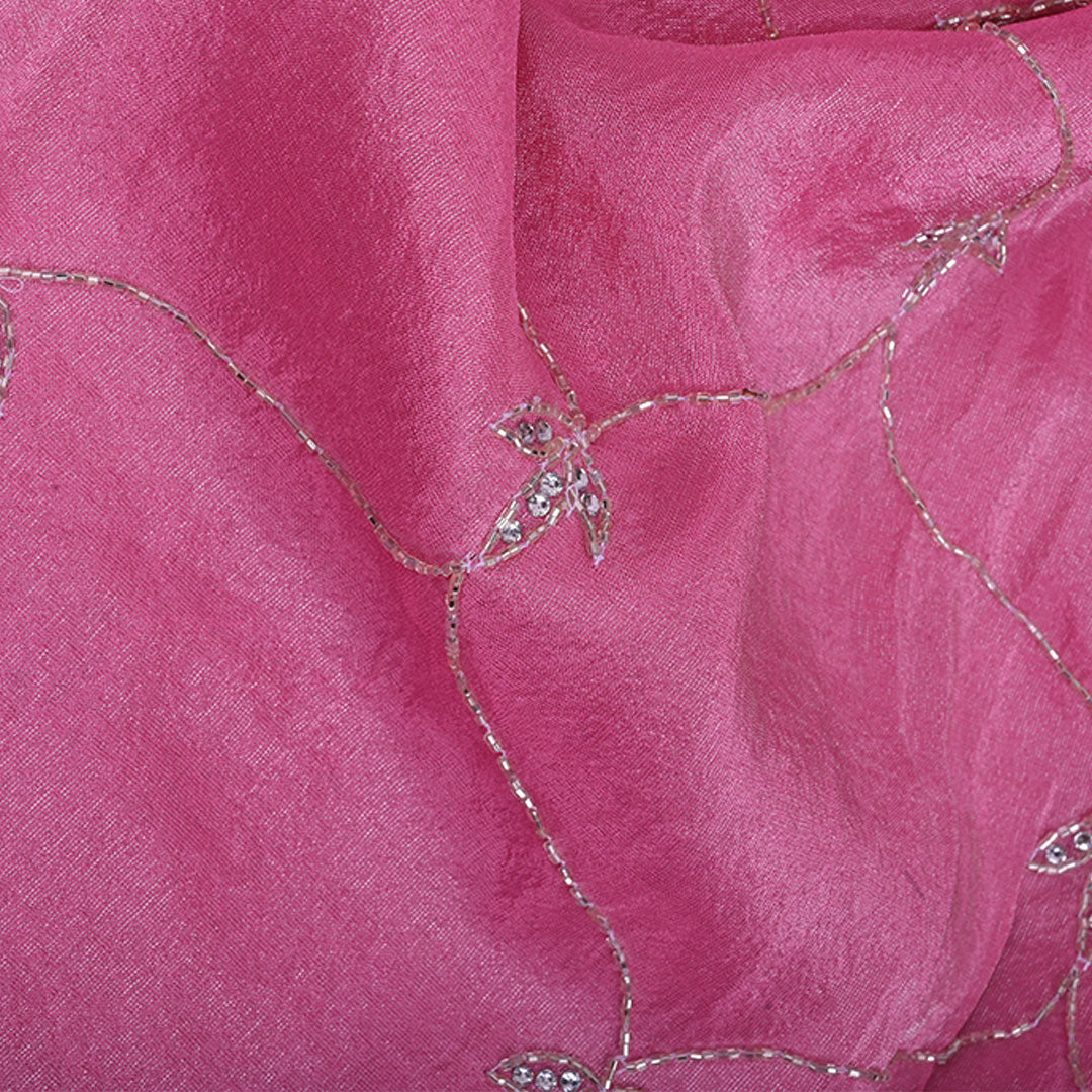 Rose Pink Embroidery Tissue Silk Fabric With Floral Grid Pattern