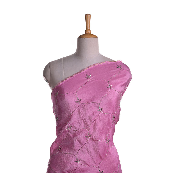 Rose Pink Embroidery Tissue Silk Fabric With Floral Grid Pattern