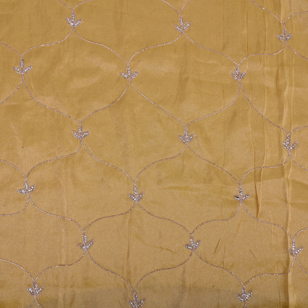 Pastel Yellow Embroidery Tissue Silk Fabric With Floral Grid Pattern