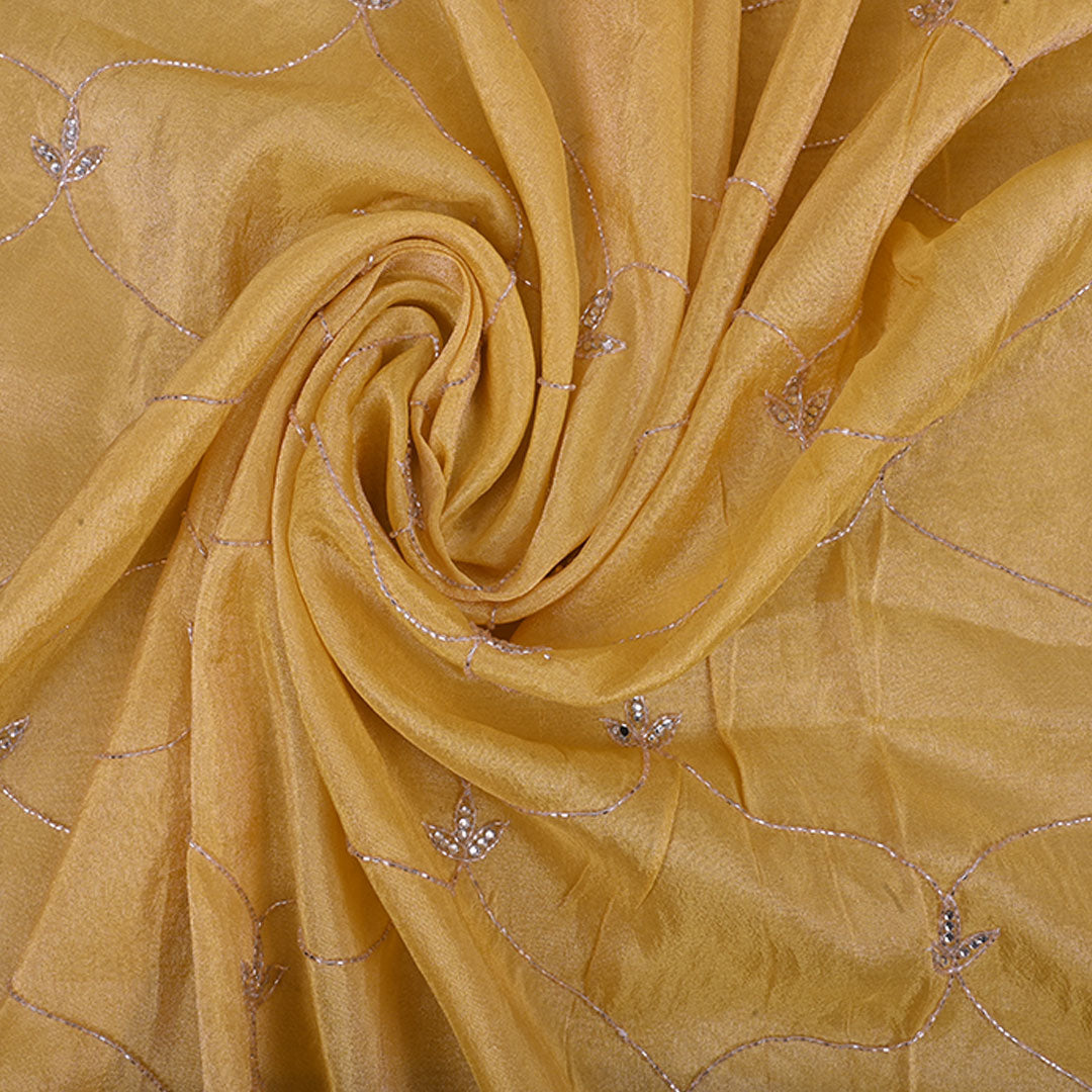 Pastel Yellow Embroidery Tissue Silk Fabric With Floral Grid Pattern