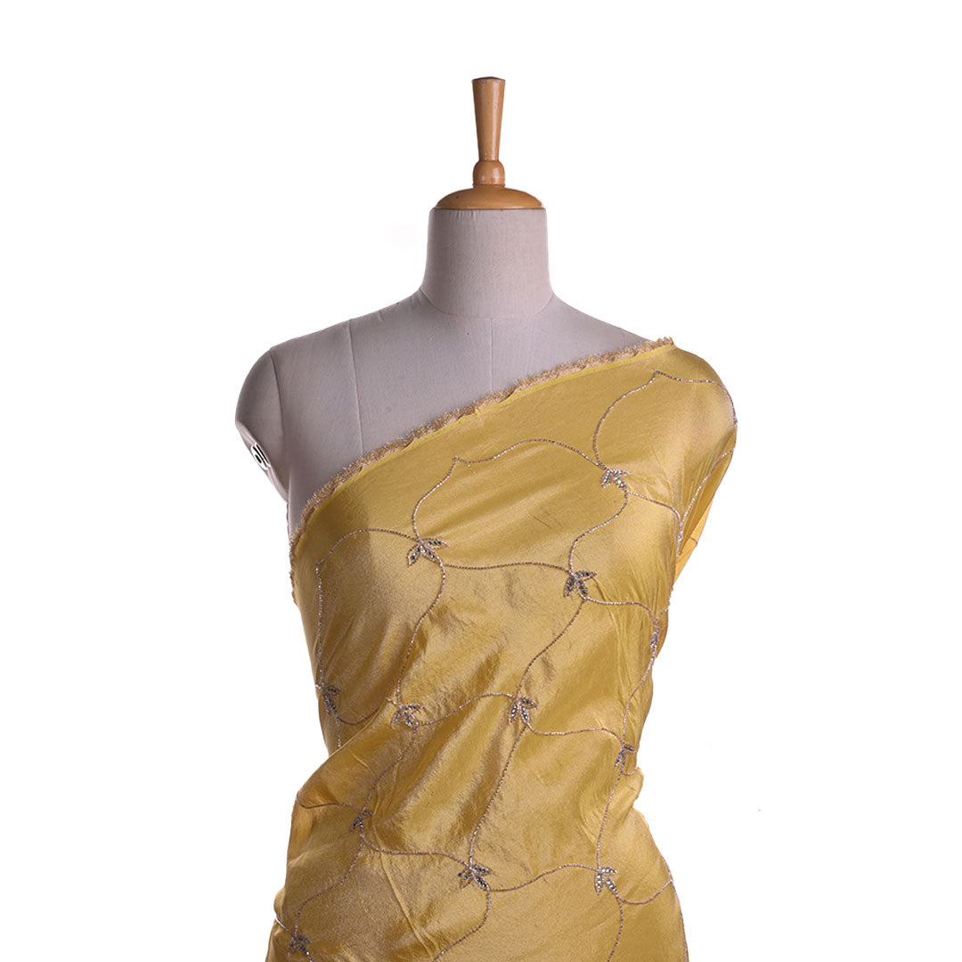 Pastel Yellow Embroidery Tissue Silk Fabric With Floral Grid Pattern