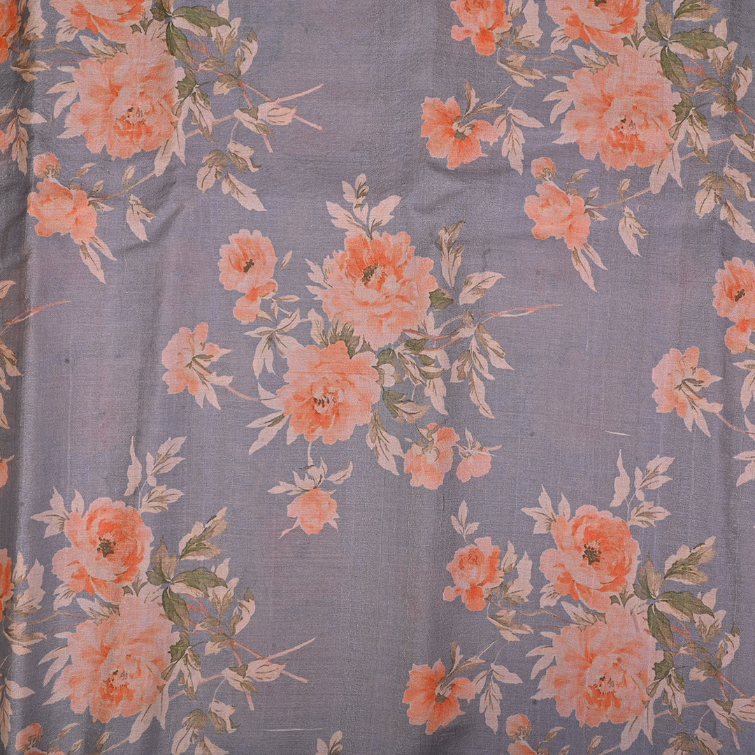 Pastel Gray Printed Rawsilk Fabric With Floral Pattern