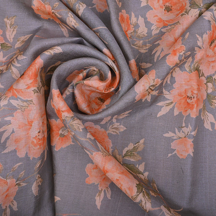 Pastel Gray Printed Rawsilk Fabric With Floral Pattern