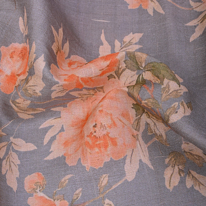 Pastel Gray Printed Rawsilk Fabric With Floral Pattern