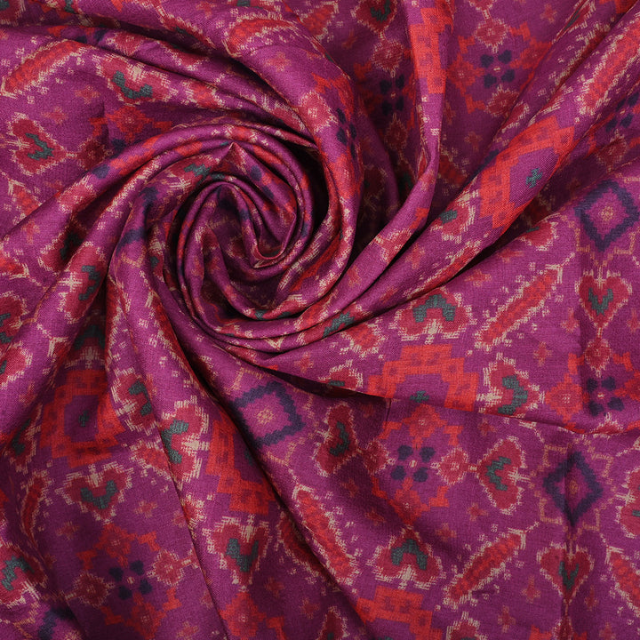 Magenta Purple Printed Tussar Fabric With Ikkat Patola Pattern