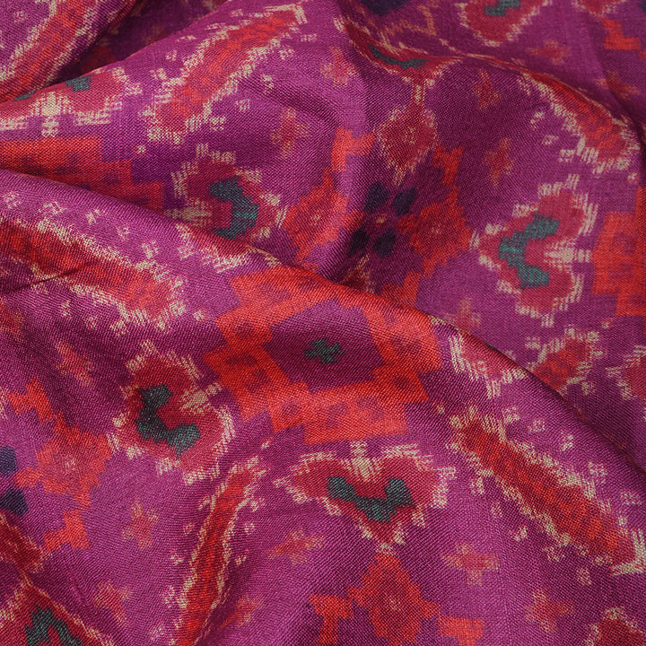 Magenta Purple Printed Tussar Fabric With Ikkat Patola Pattern