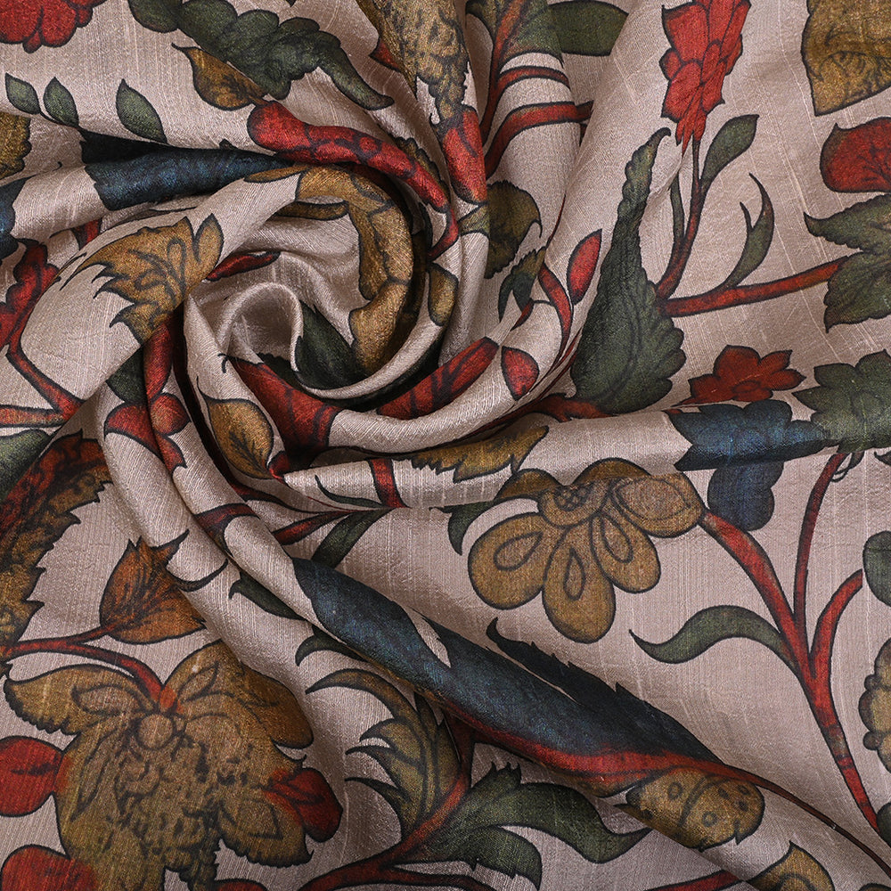 Light Cream Printed Tussar Fabric With Kalmkari Pattern