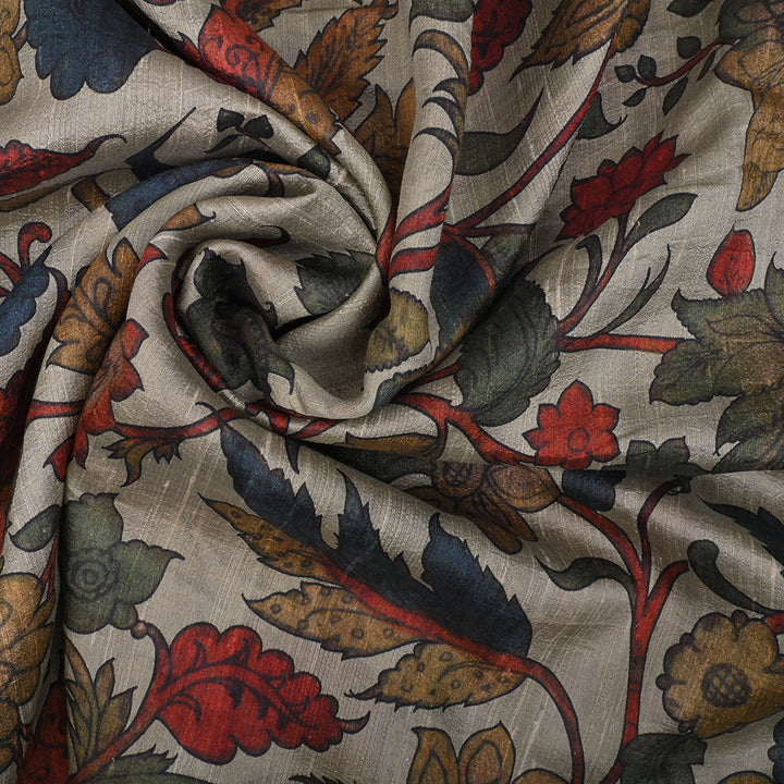 Almond Brown Printed Rawsilk Fabric With Kalamkari Pattern