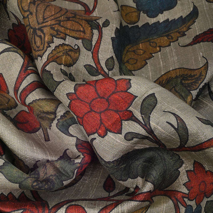 Almond Brown Printed Rawsilk Fabric With Kalamkari Pattern