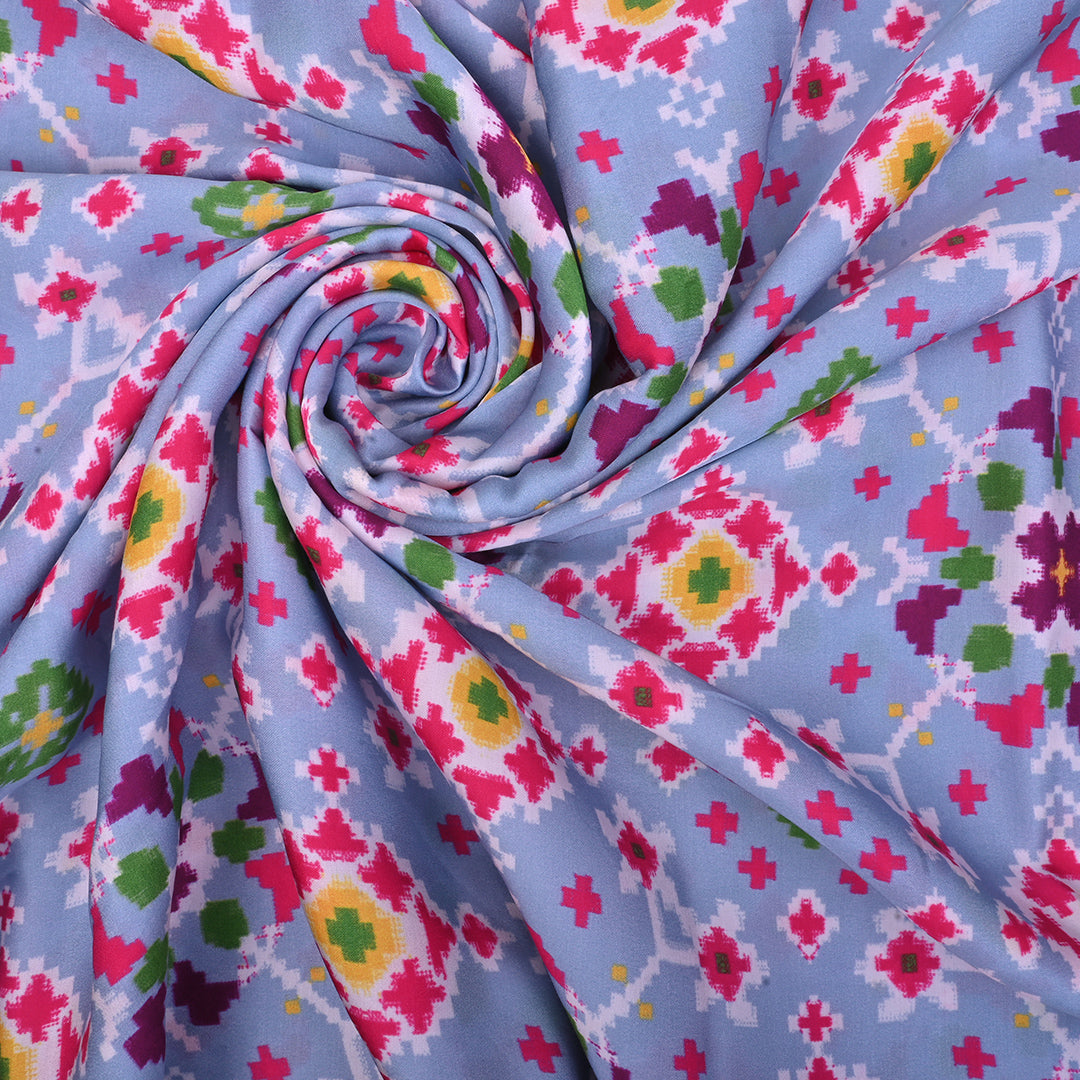 Pastel Sky Blue Printed Satin Fabric With Ikkat Patola Pattern