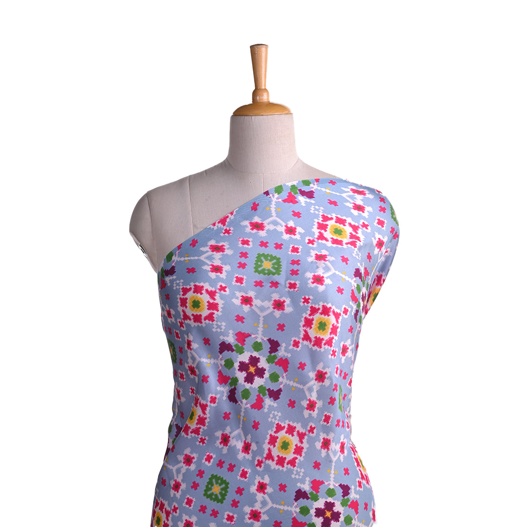 Pastel Sky Blue Ikkat Printed Satin Fabric