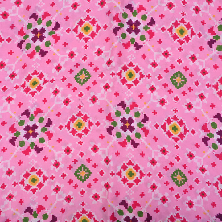 Baby Pink Printed Satin Fabric With Ikkat Patola Pattern