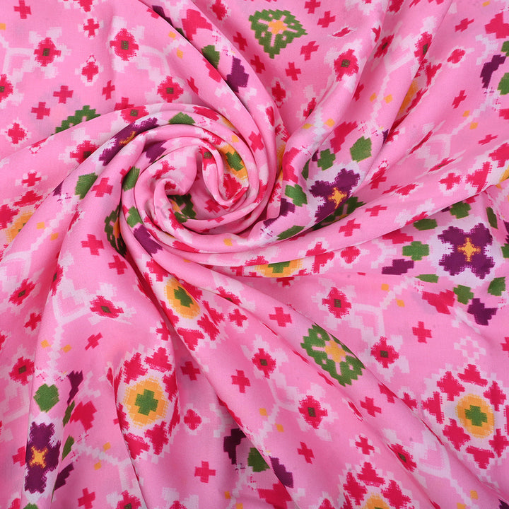 Baby Pink Printed Satin Fabric With Ikkat Patola Pattern