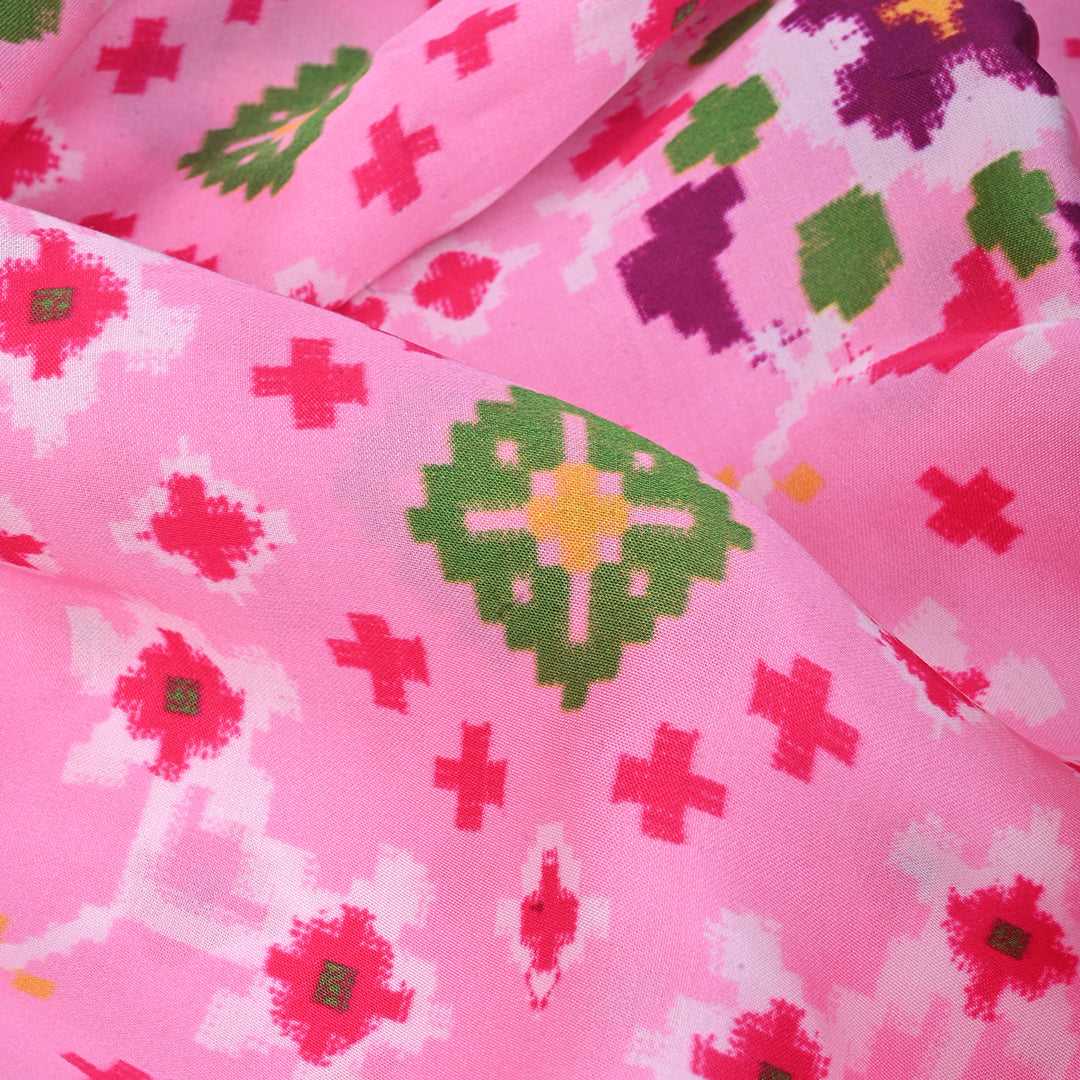 Baby Pink Printed Satin Fabric With Ikkat Patola Pattern