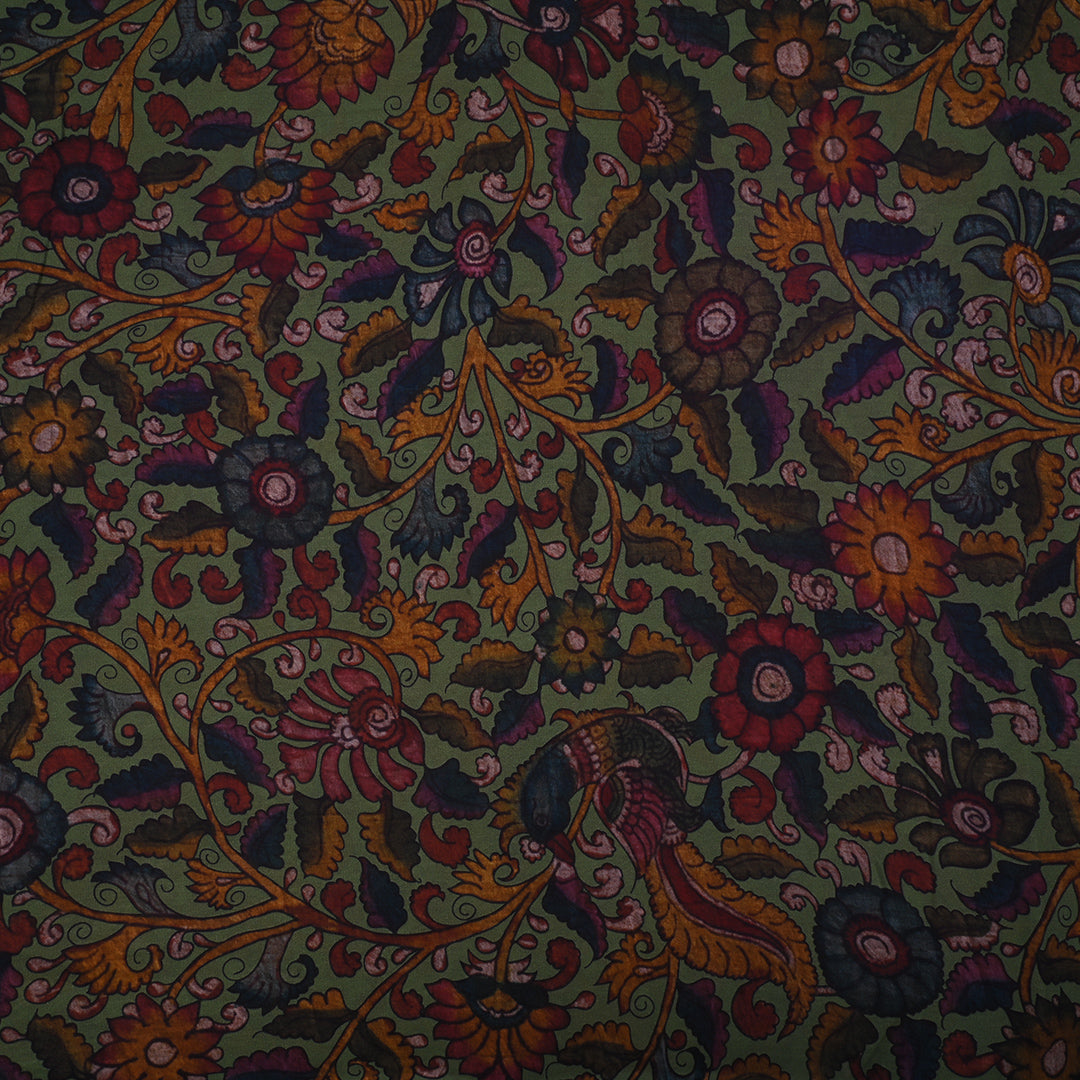 Army Green Printed Georgette Fabric With Kalamkari Pattern