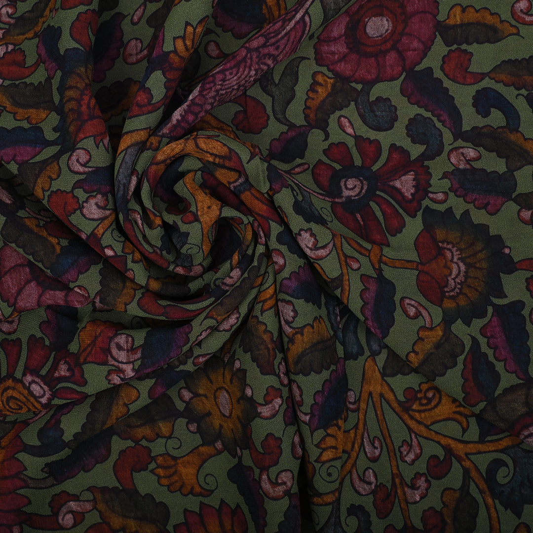 Army Green Printed Georgette Fabric With Kalamkari Pattern