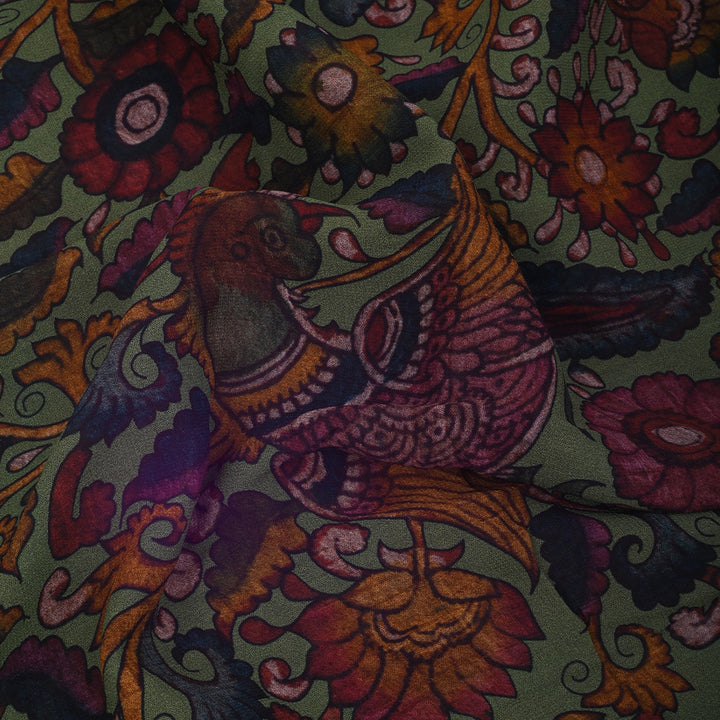 Army Green Printed Georgette Fabric With Kalamkari Pattern