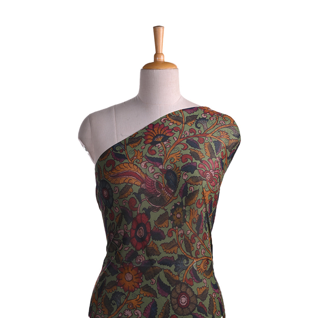 Army Green Printed Georgette Fabric With Kalamkari Pattern